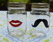 Fun His and Hers Custom Mason Jar Glasses with Mustache and Lips - Makes Great Gift