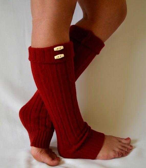 Machine knit red leg warmers with button chunky leg by bstyle
