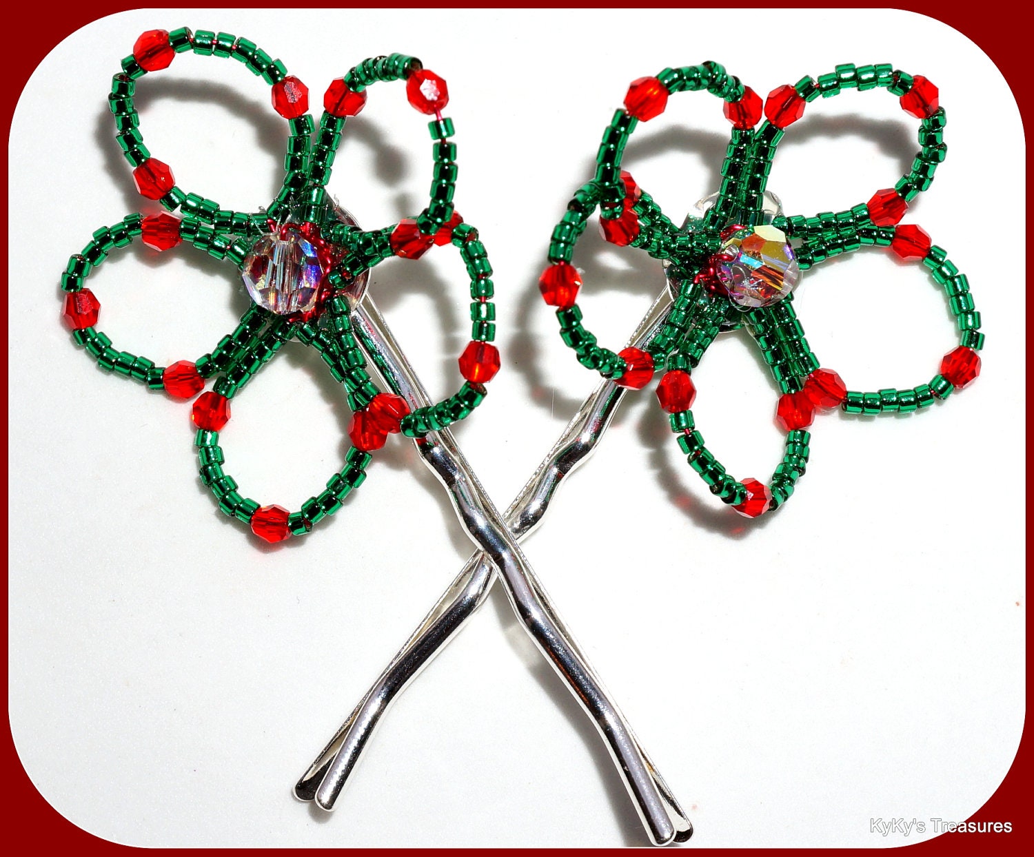 Silver Bobby Pin Set w/Christmas Colors Wire-Wrapped Seed Bead & Swarovski Crystal Flowers