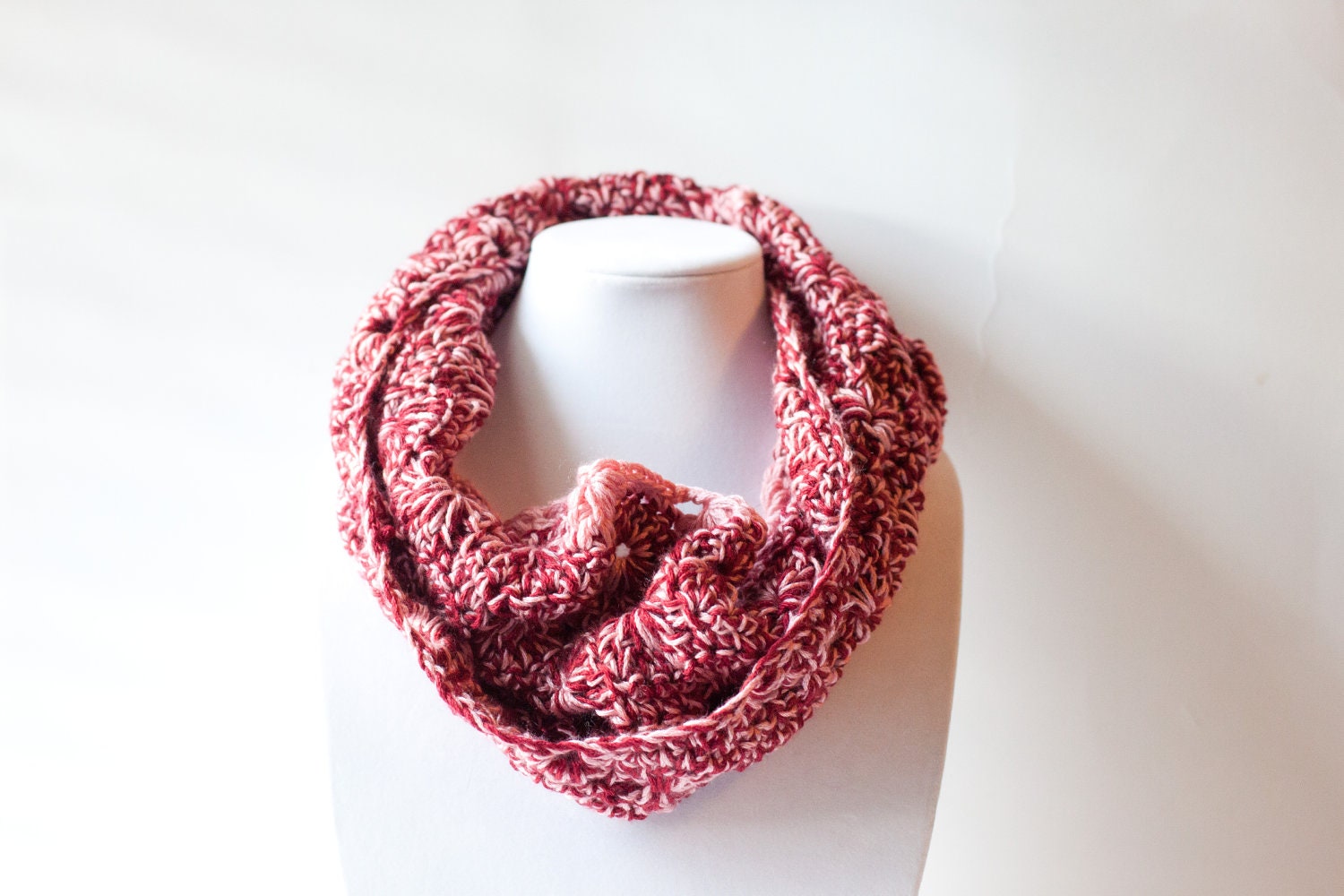 Crochet Circle Scarf in Pink and Red -- READY TO SHIP--
