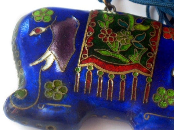 Vintage Enamel Elephant Necklace Cloisonne Pendant Asian East Indian Style Blue 1970s Jewelry
