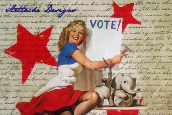 Voting Girl I Pin-Up - wall art mixed media collage 8"X10" within 11"X14" matboard
