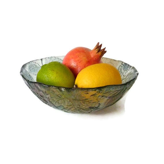 Glass Bowl Vintage Fruit Dish Leaf Yellow Pink Green