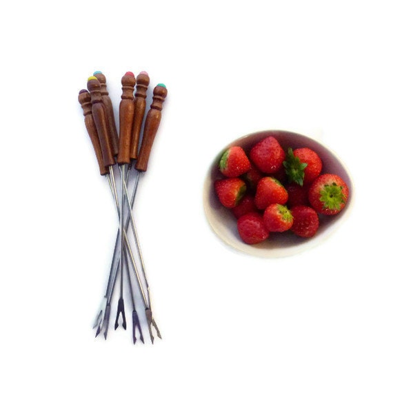 Fondue Forks 1970's Wooden Colourful set of 6