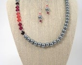 Handmade Beaded Grey Pearl with Swarovski Garnet, Ruby and Padparadscha Crystal Bridesmaid Necklace/Earring Set