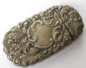 Antique 1892 VICTORIAN Silver Brass Ornate REPOUSSE Leaf & Floral Scroll VESTA Match Safe Case..Enscribed Monogram..Steampunk