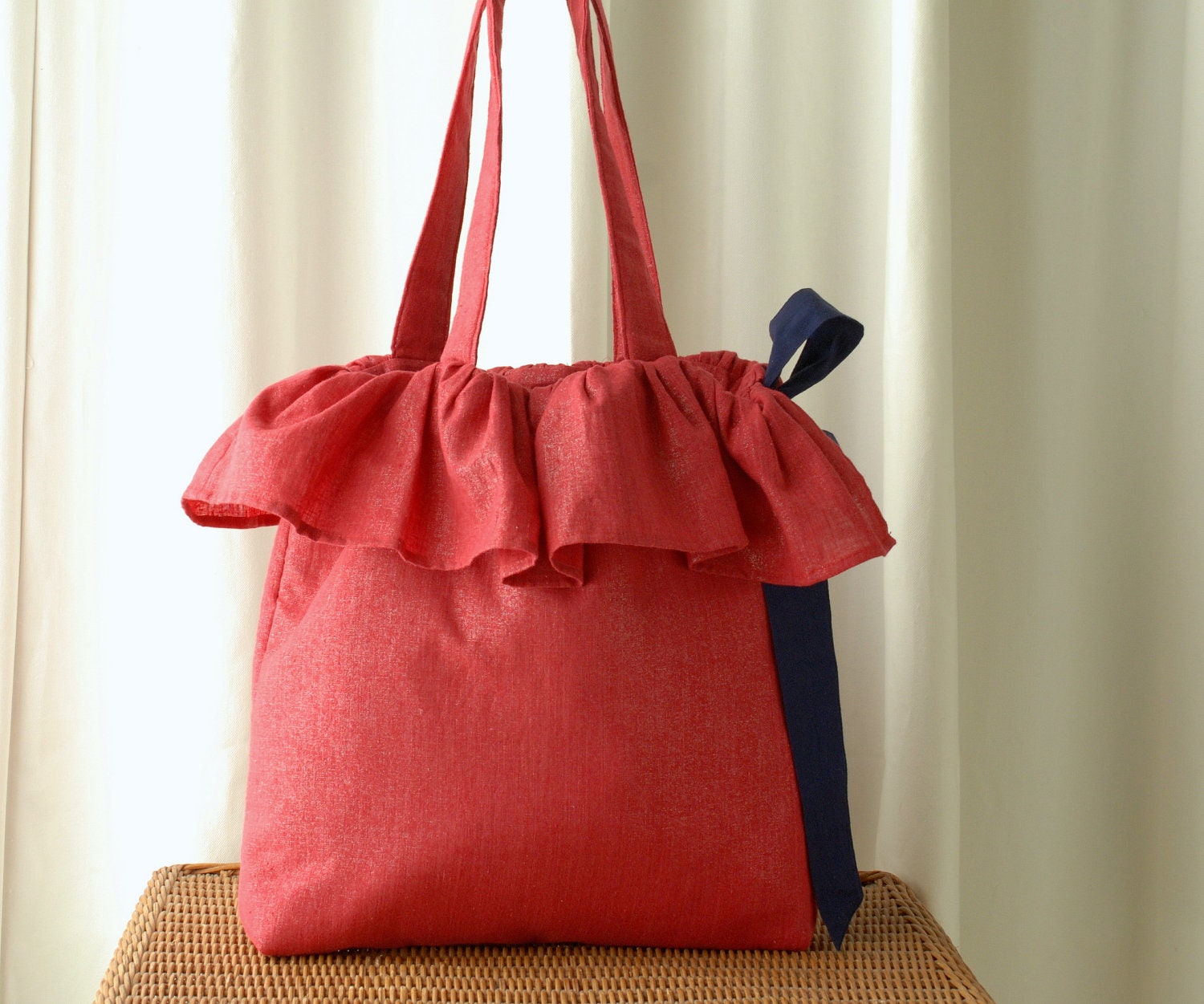 Tote with Red Silver Shimmer Linen and Violet Bow