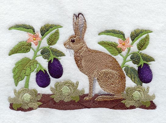 Rabbit in Vegetable Garden - Embroidered Decorative Linen Towel or Absorbent White Cotton Flour Sack Towel