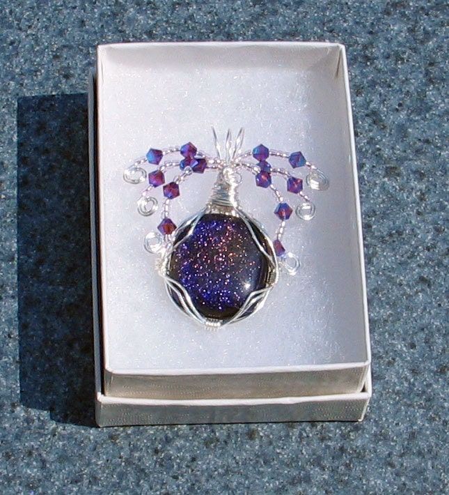 Jewelry, Glass, Fused Glass, Dichroic Glass, Wire Wrapped, Pendant, Swarovski Crystals, WRG 4, Purple