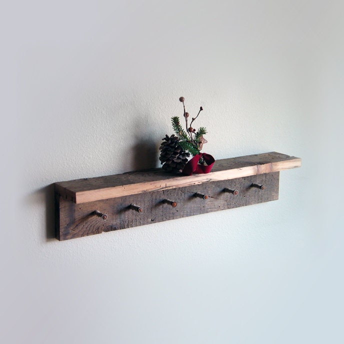 Rustic key hooks with 6 pegs, reclaimed wall hooks, 24" x 4" x 4", barnwood jewelry rack