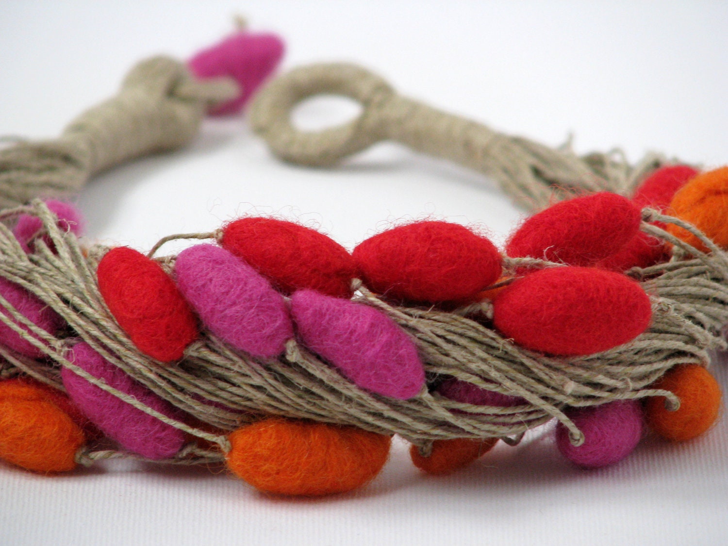 Felt Colorful Unique Linen Necklace with Felted Beads Jewelry Handmade Merino Wool Boho
