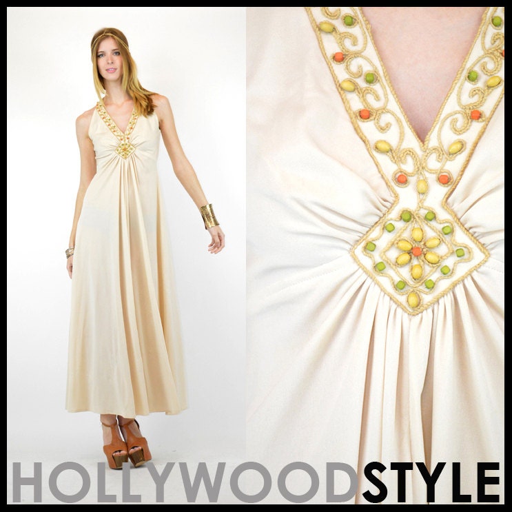 Vintage 70s Grecian goddess drape Plunging deep V hippie boho tunic maxi womens dress gown