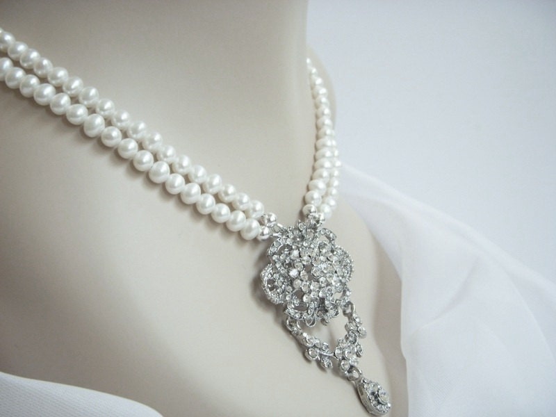 Multi Strand Pearl Necklace Rhinestone Brooch Pendant - Statement Double Strand Pearl Necklace