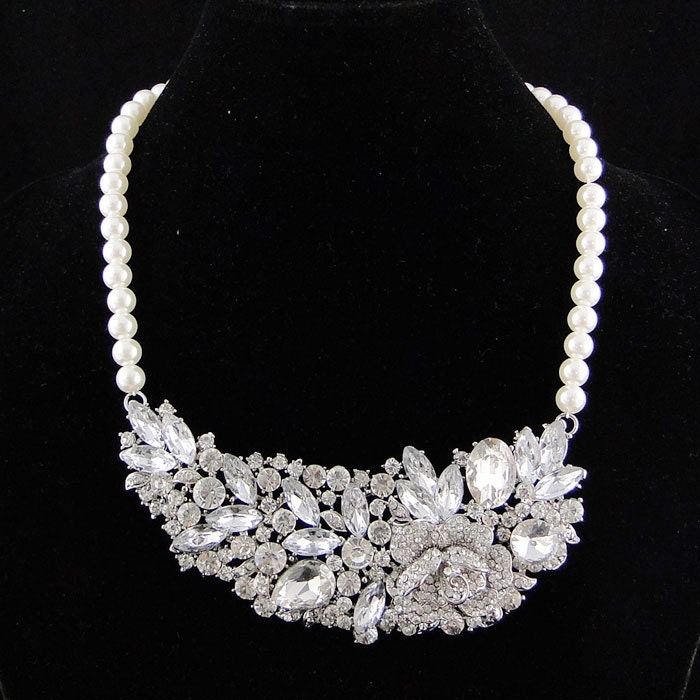 Vintage Inspired Swarovski Crystal Bridal Feather Necklace, Clear Rhinestone Pearl Necklace, Wedding Pendant Silver Jewelry-114176806