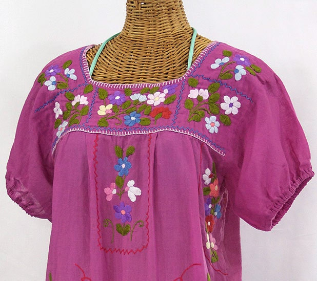 Mexican Peasant Blouse Top Hand Embroidered: "La Bellezza" Pink