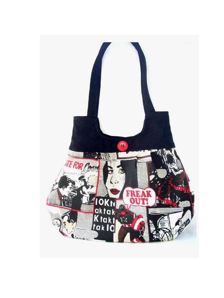 Freak Out Bag, bag, purse, cotton, caroljoyfashions, red, black, cartoon, woman, romance, kiss, pop art