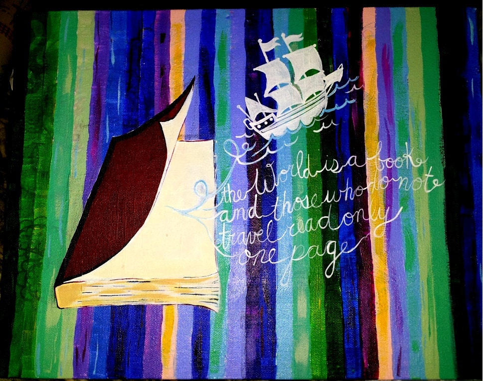 Colorful Painting of Ship Coming out of a Book with Travel Quote