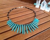 Natural Turquoise Spike Necklace with Black Crystals - handmade