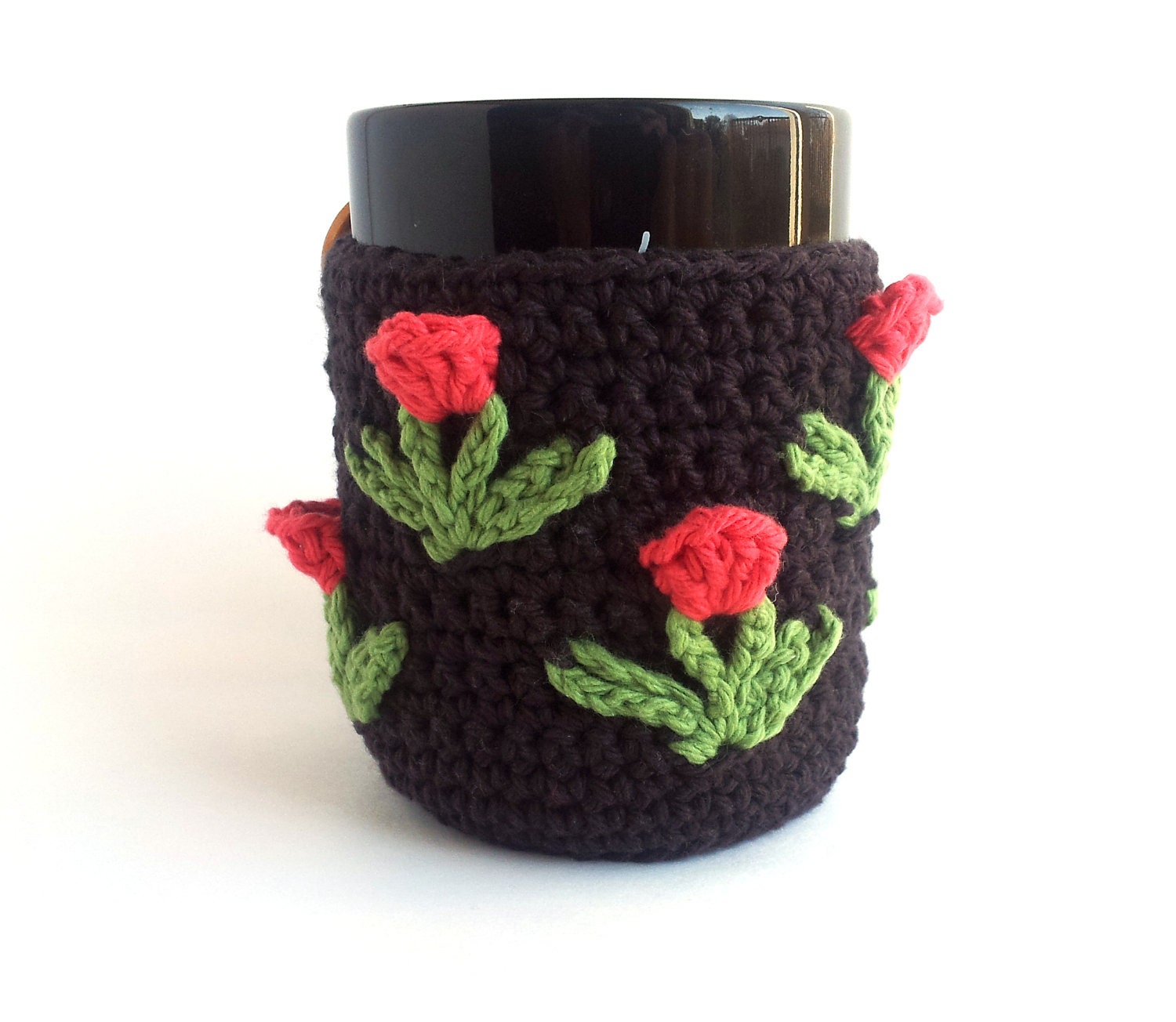 Crochet Coffee Mug Cozy with Pink Tulips, Coffee Cozy, Crochet Tea Cozy