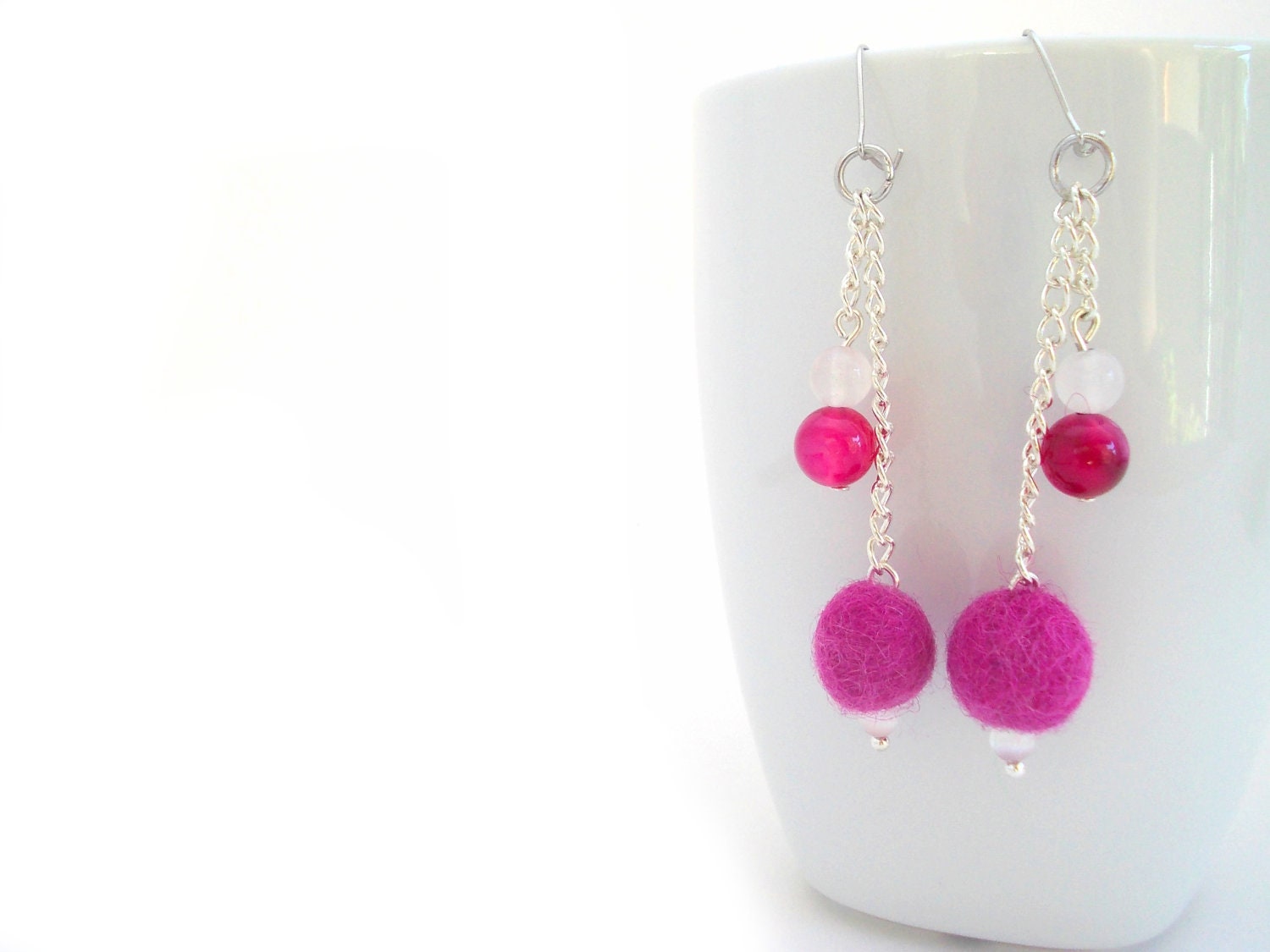 Pink Drop Felted Earrings, Fucshia Dangle Earrings, Metal Chain Earrings, Agate and Jade Beads