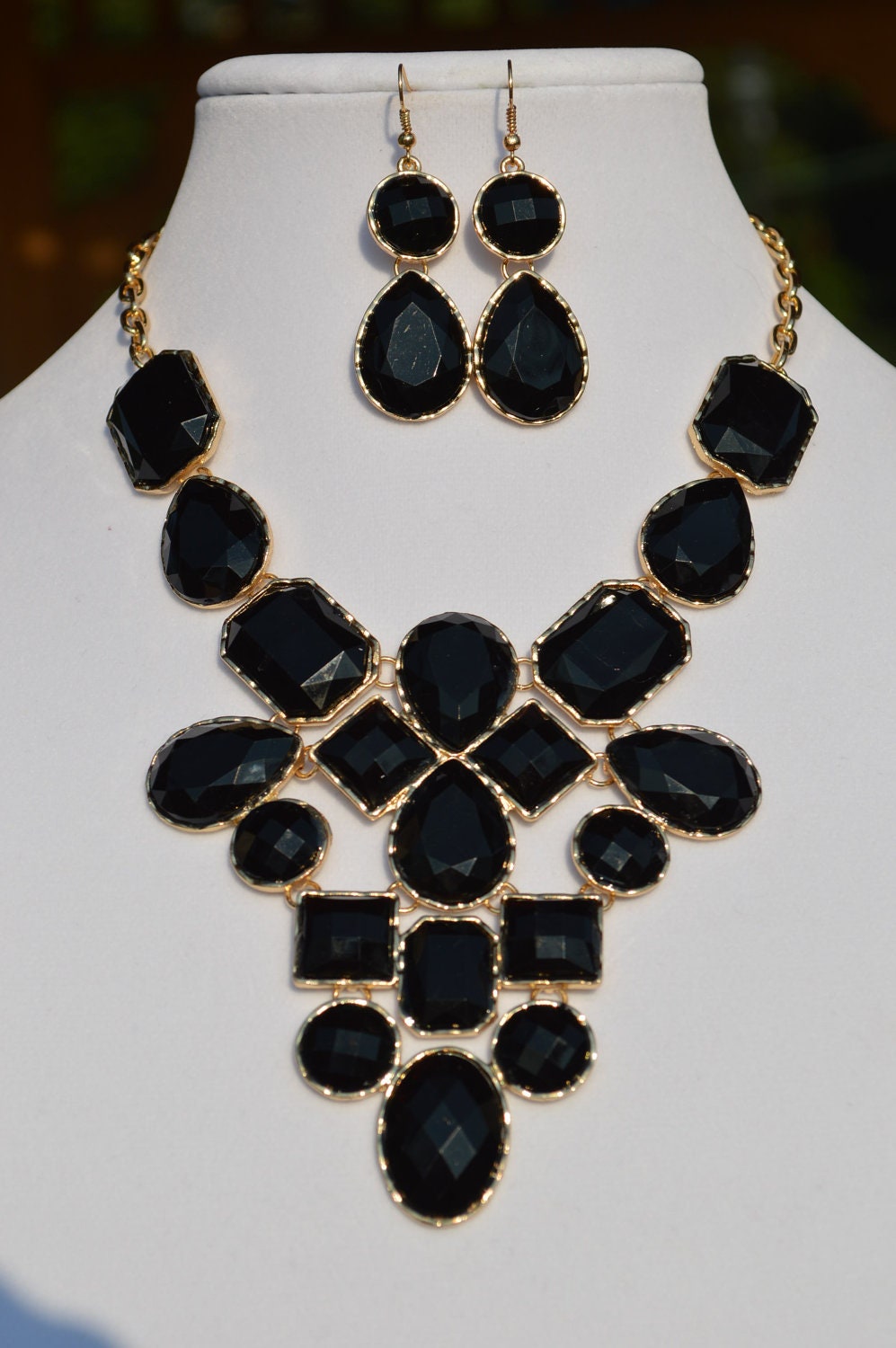 Sale- Last Ones- Geometric Bib Necklace & Earrings Black-