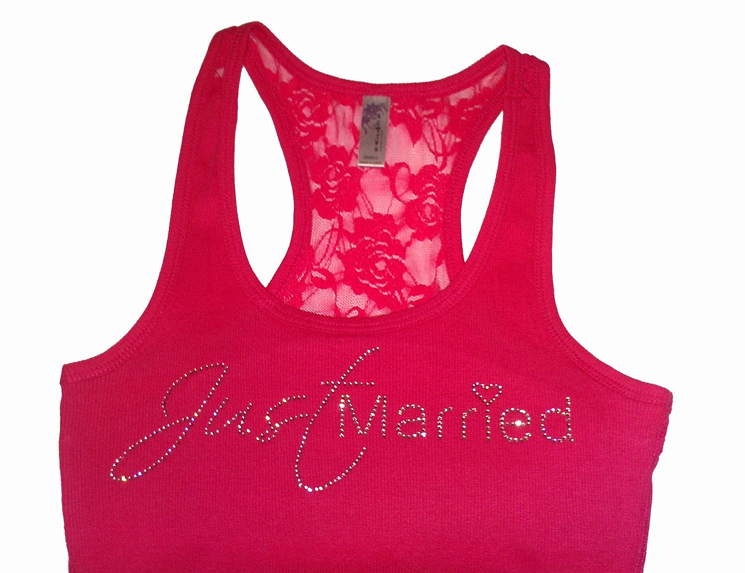 Just Married Tank Top Shirt - Half Lace Racerback - Just Married Pink and Clear Rhinestones. Bride Gift. Bridal Shower. Wedding. Honeymoon