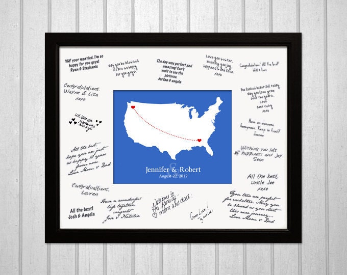 WEDDING GUEST BOOK - Framed Journey Map with a mat for signatures for an Engagement, Wedding, Anniversary, or Party
