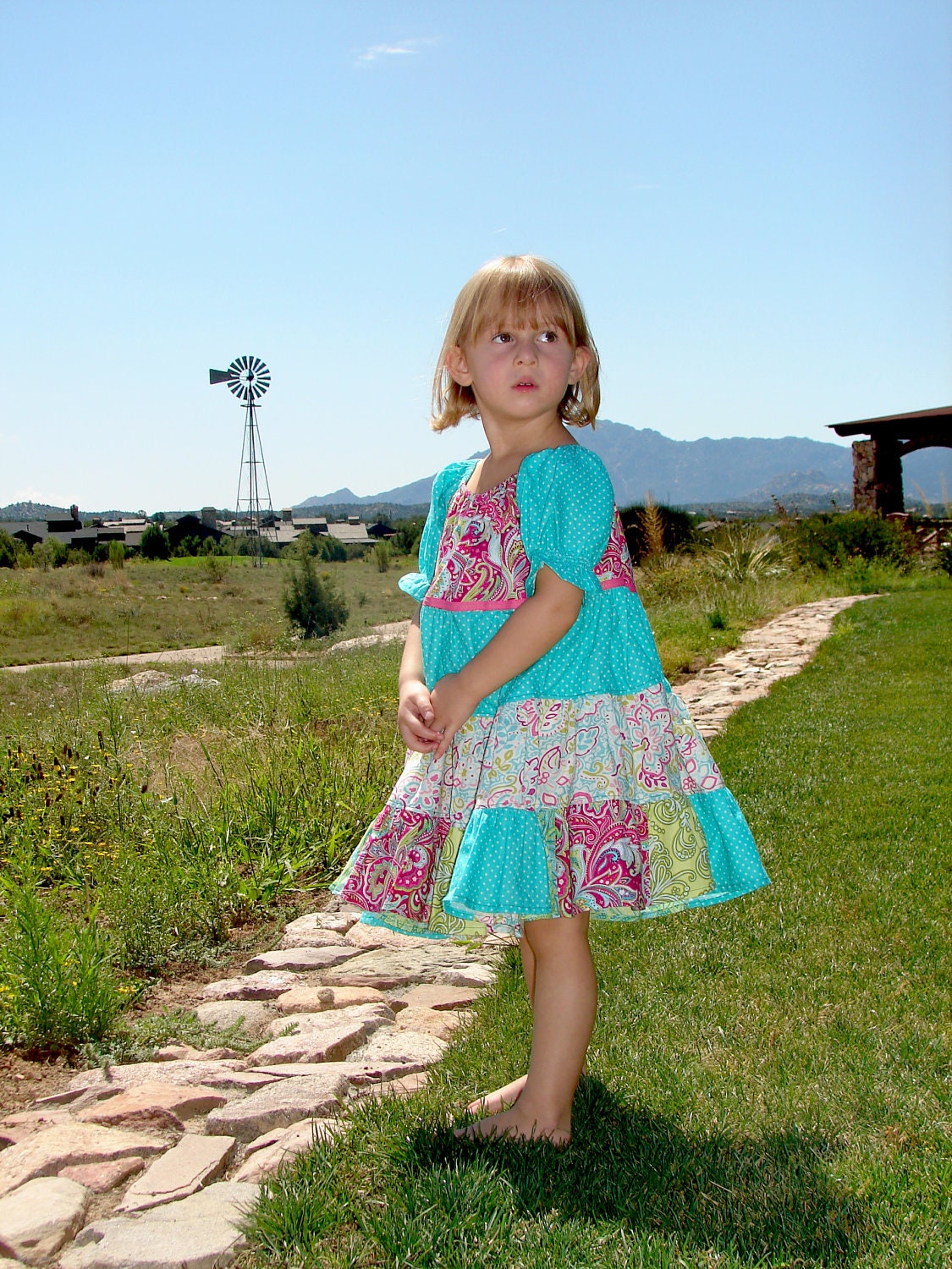 Teal and Purple Patchwork Twirl Dress - Rouched Capped Sleeves - Sizes 12m, 18m, 2T, 3T