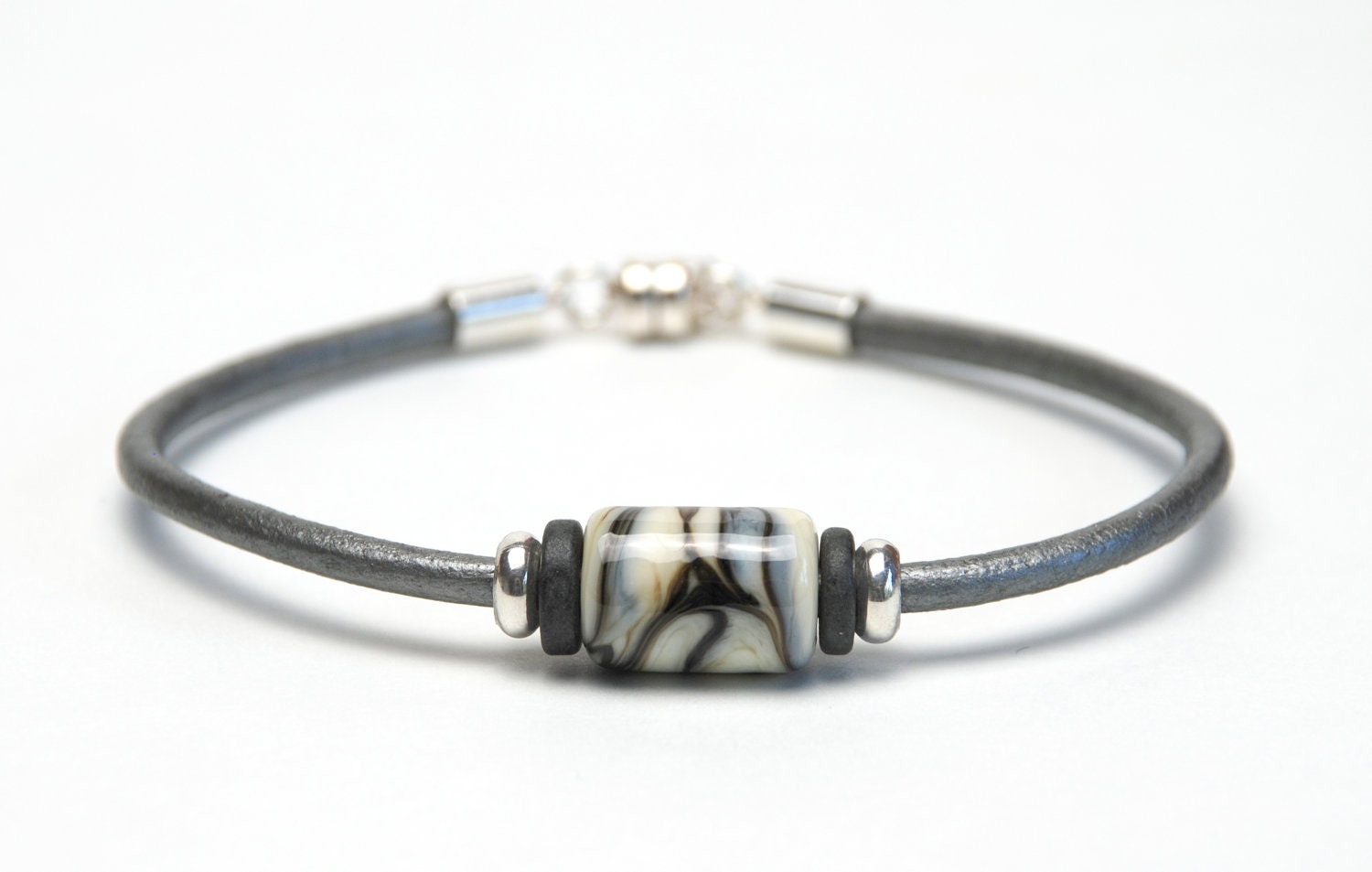 Gray Grey and Black Beaded Leather Bracelet with Magnet Clasp - Lampwork Glass and Sterling Silver - Customized Jewelry