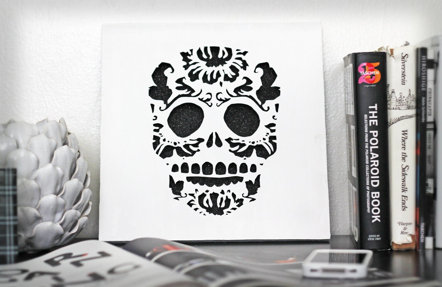 Day Of the Dead Sugar Skull Cut Paper Wall Art Black Glitter