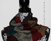 Scarf pleated ruffle material in alternating stripes of silver teal burgundy red gold and brown collar