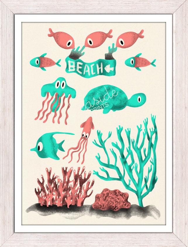 Nursery wall Art Print - Beach this way 02 - Sea animal illustration wall decor  - Nursery room modern  decoration-