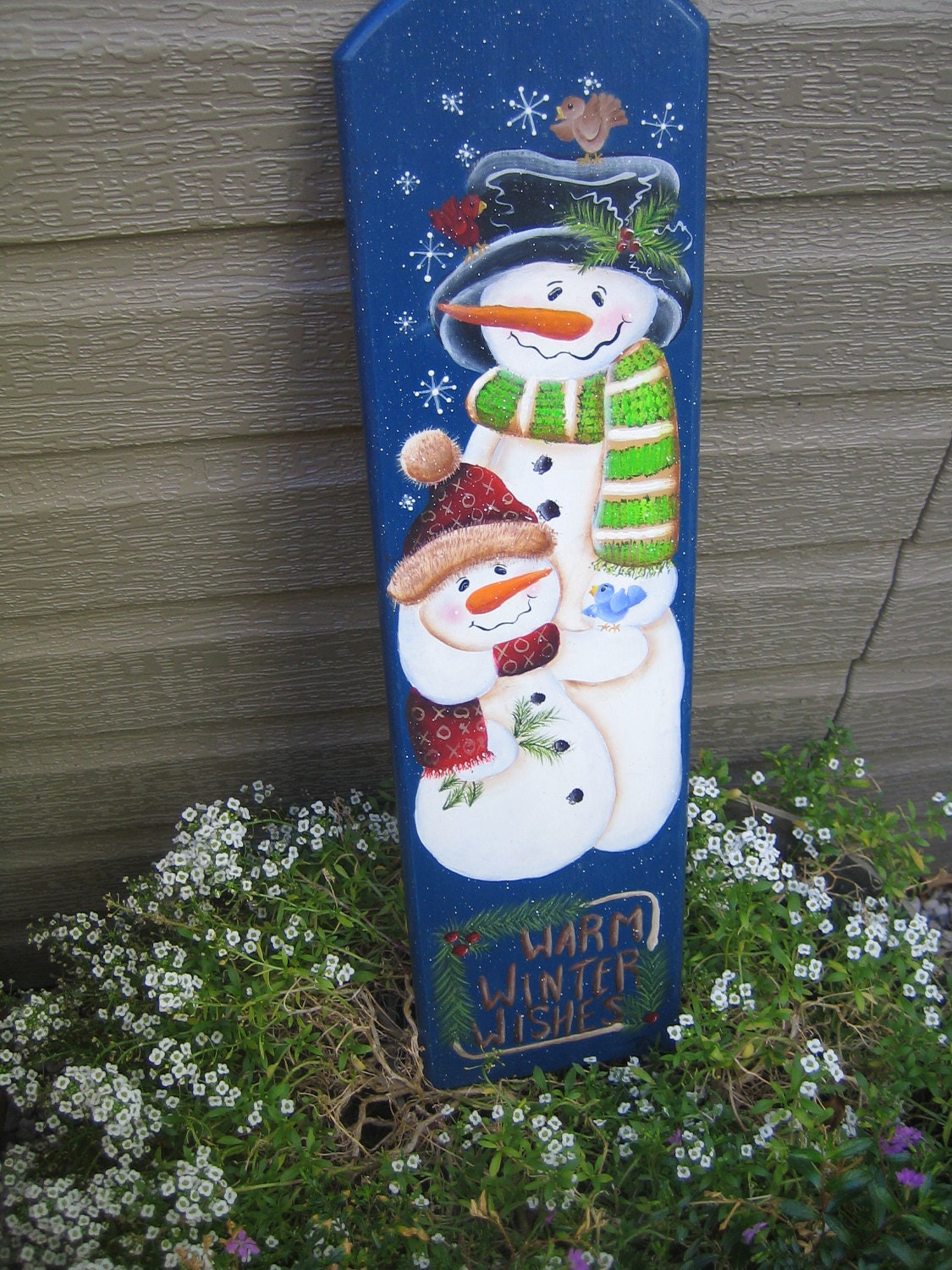 Two Snowmen hand painted on wooden plaque