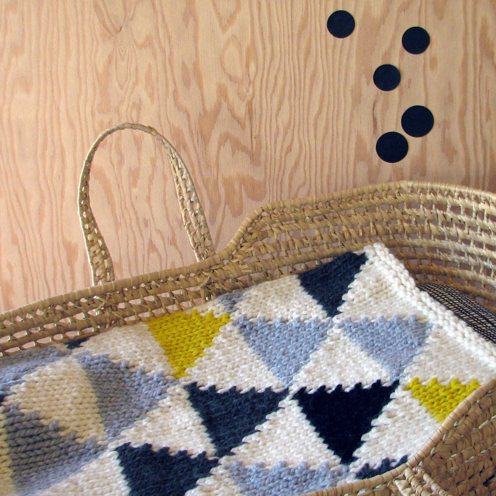 Knitted Triangle Pattern Baby Blanket in Grey/Black/Neon Yellow for Bassinet, Stroller, or Car Seat