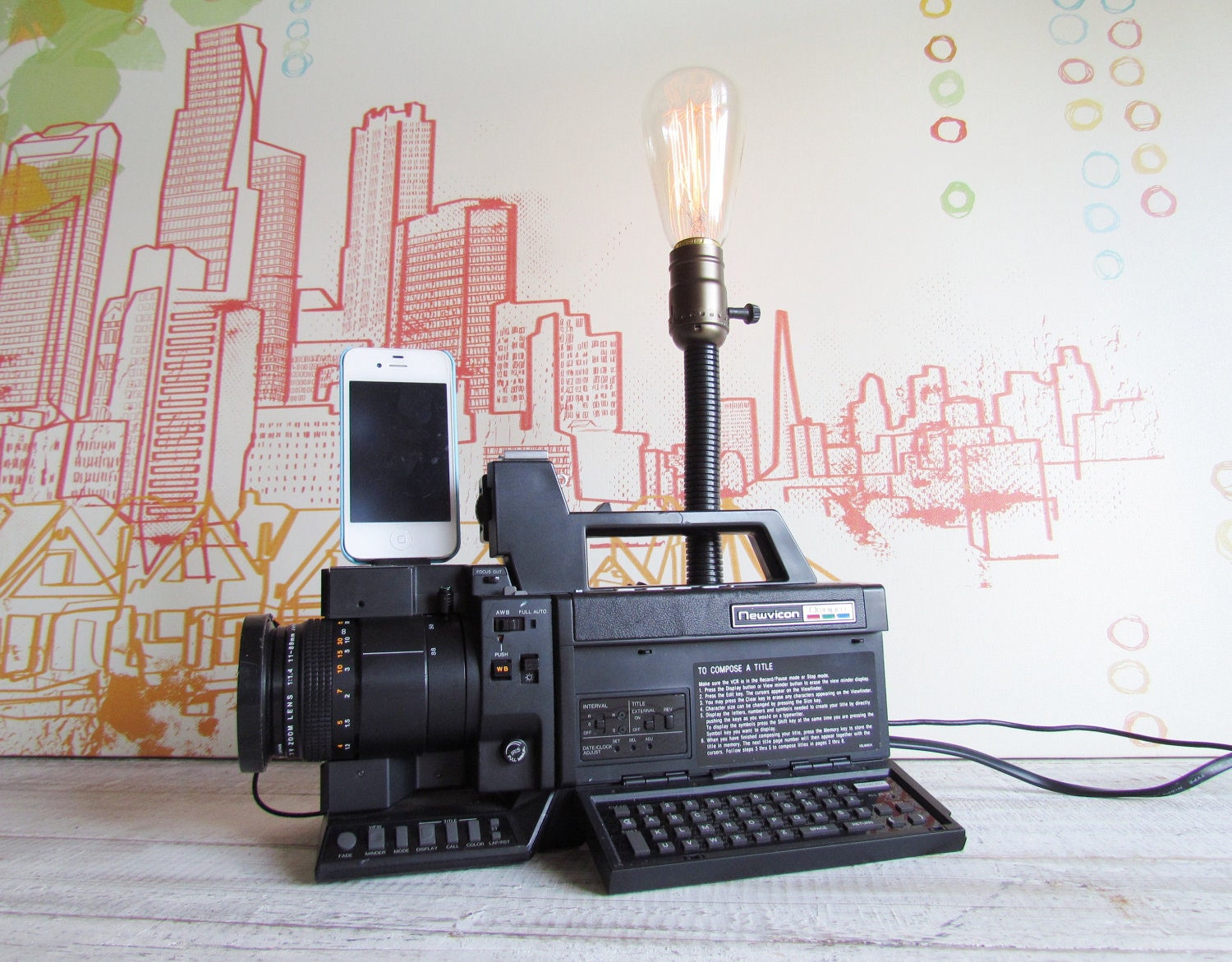 iPhone Docking Station Upcycled Vintage Video Camera Fillament Lamp