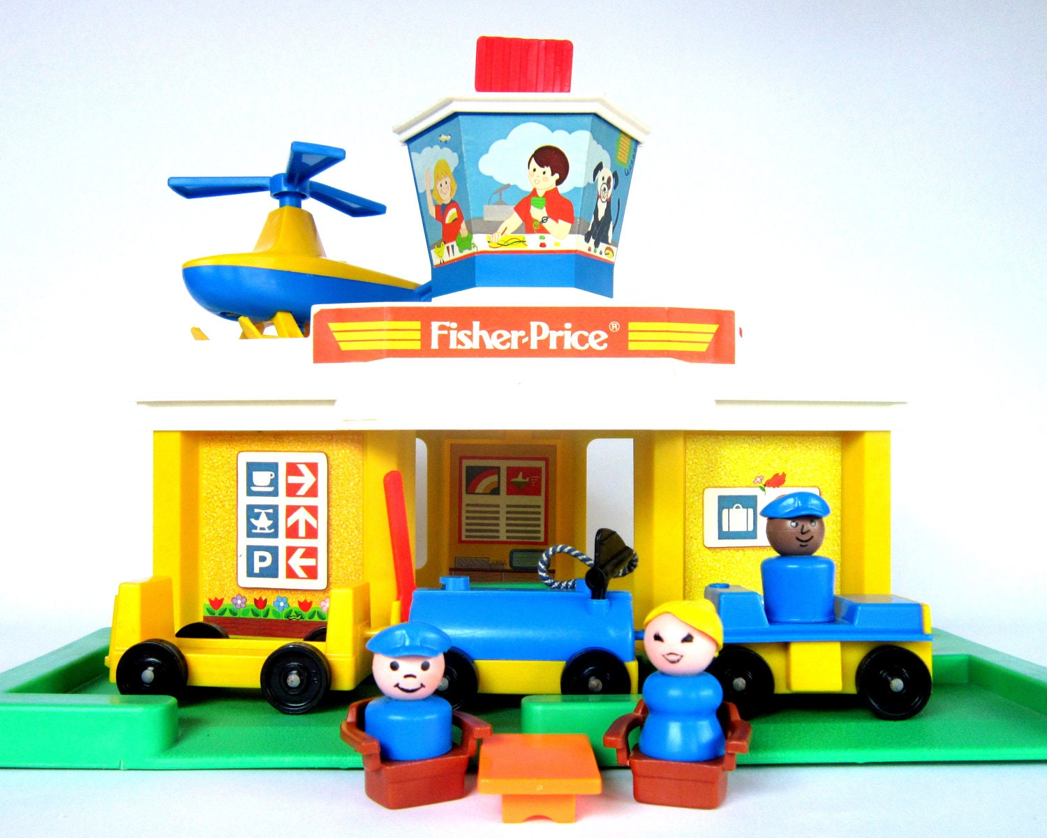 Vintage Little People Airport, Fisher Price 2502 1980s Jetport with Helicopter, Pilots, Stewardess, Luggage & Fuel Cart