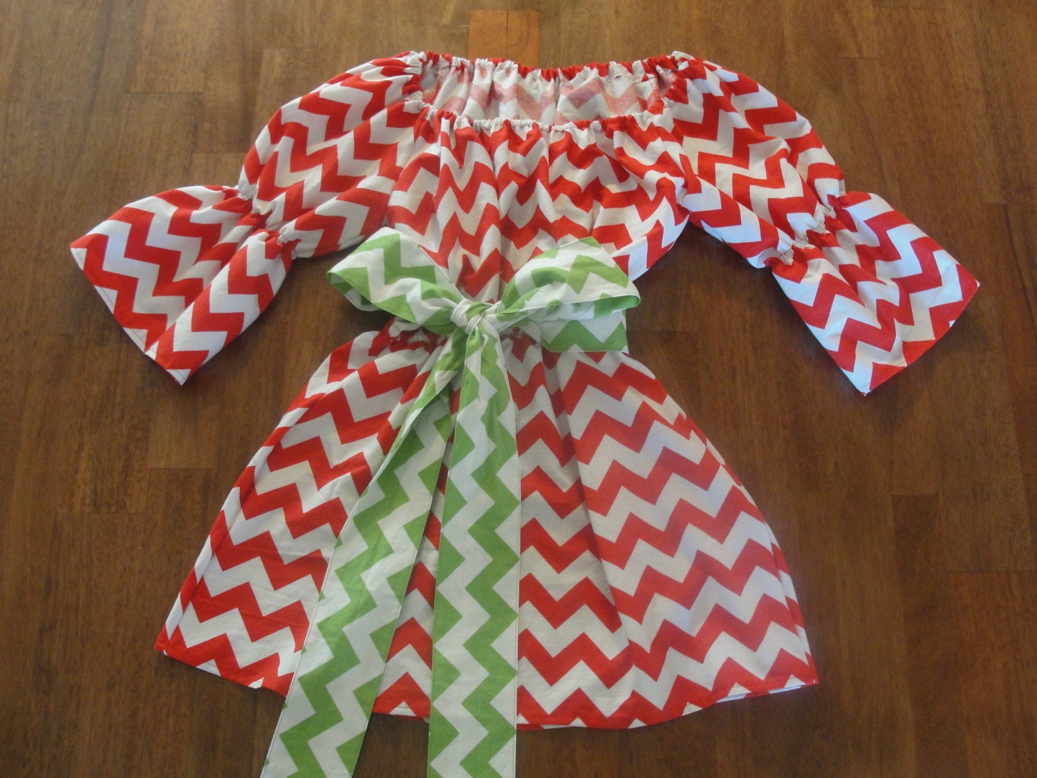 Red and White Christmas Chevron Peasant Top with Bell Sleeves and Green and White Chevron Sash - JustSewStinkinCute