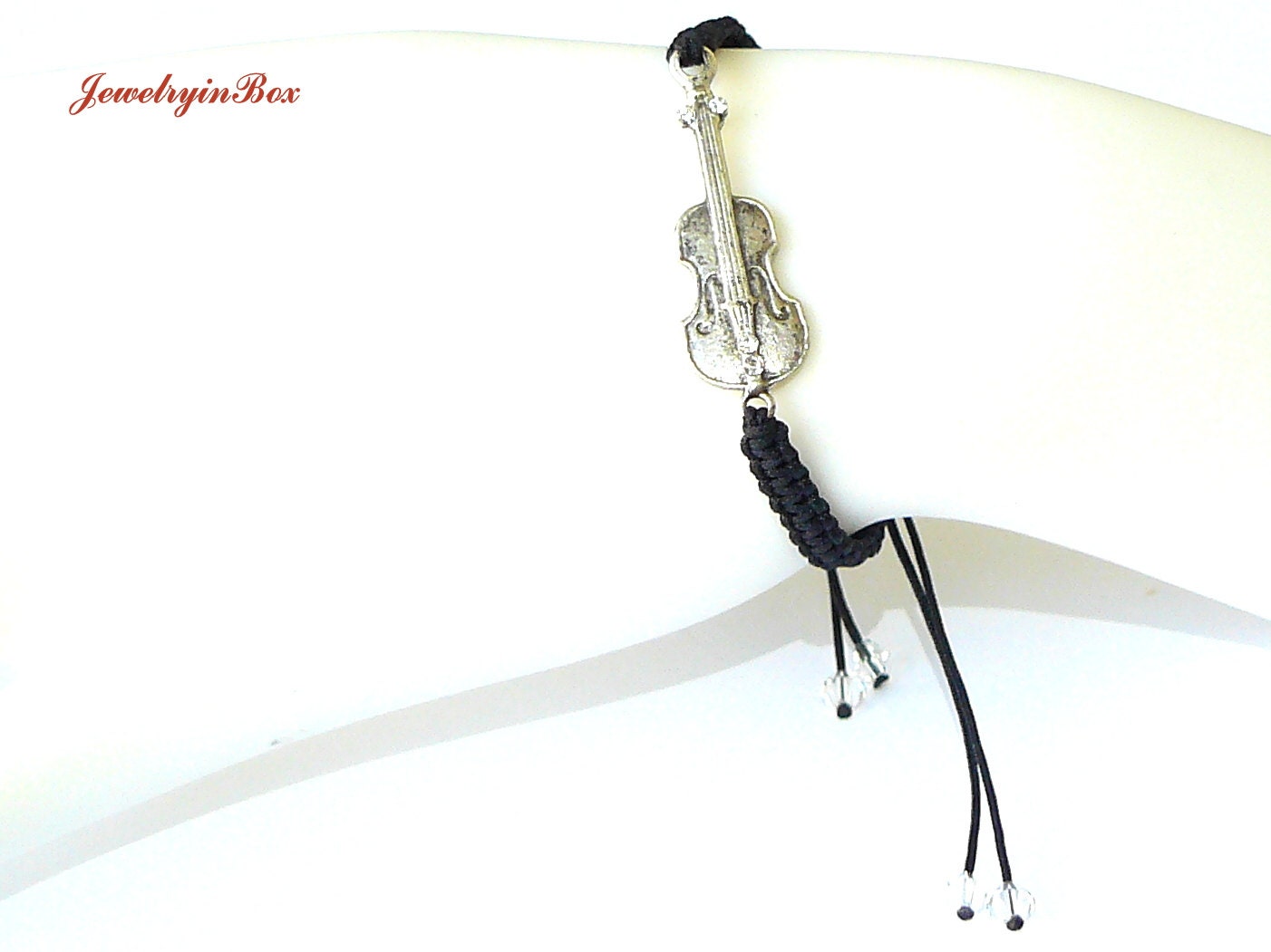 Black Macrame Violin Bracelet with White Swarovski Crystals