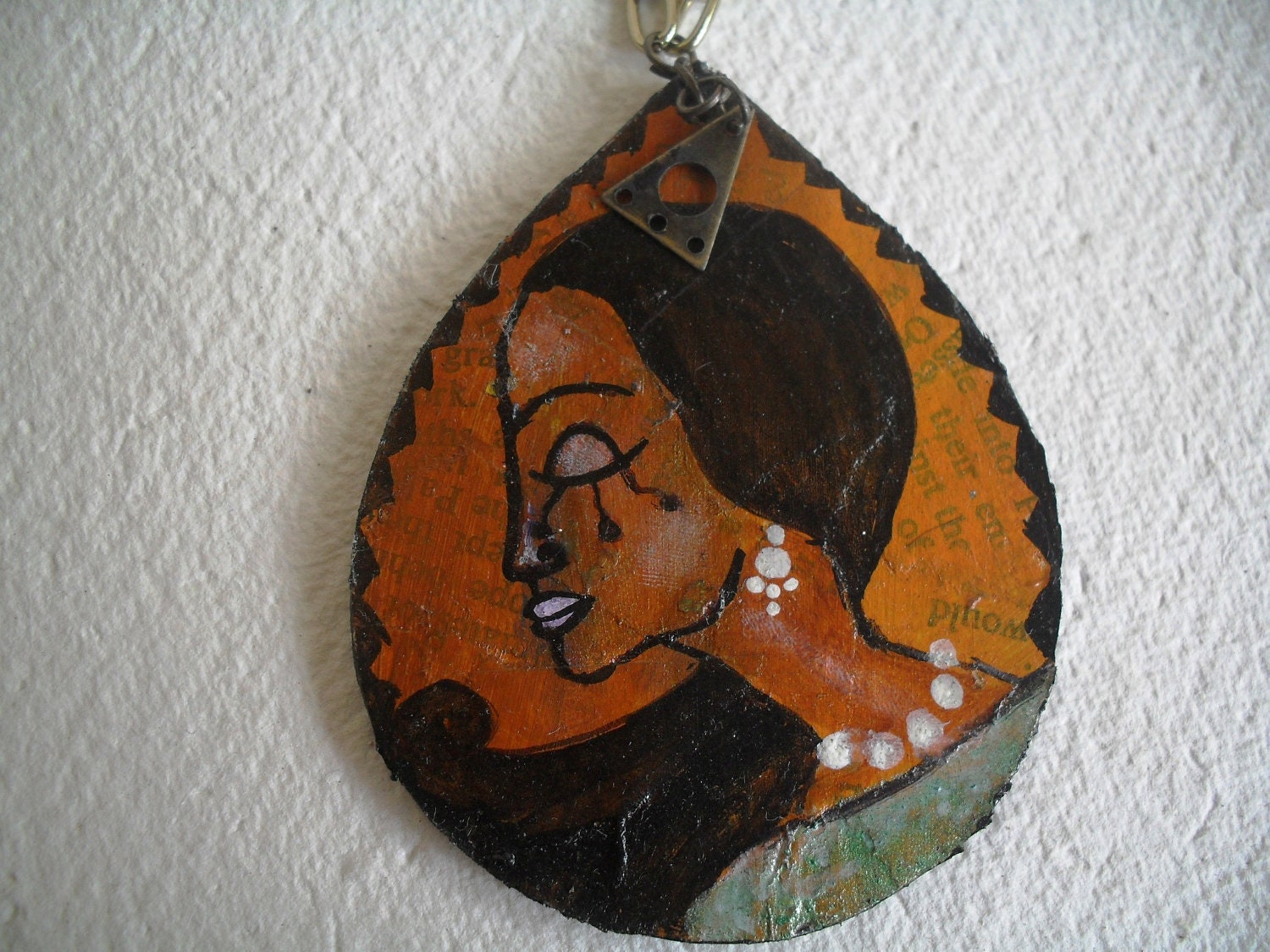 Tear Drop MDF Pendant - Hand Painted side profile Face in brown, Black with closed eye and dull gold chain