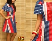 60s Party Dress Red White Blue. Butterfly sleeved mod mini S