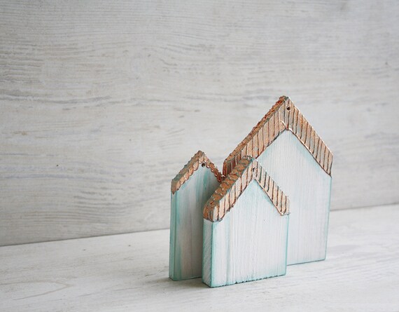 Hand Painted Wooden Houses Ornaments Copper Mint set of 3 Rustic