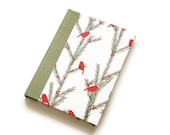 Handbound Journal Chirstmas Birds - Case Bound Notebook - Green Bookcloth, Red Birds & Green Evergreen Paper - Stocking Stuffer