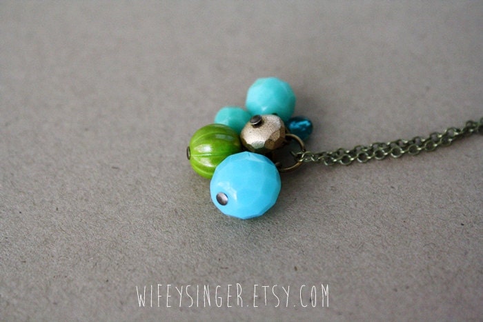 color pop czech glass bead cluster 26" necklace - blue, aqua, green and gold