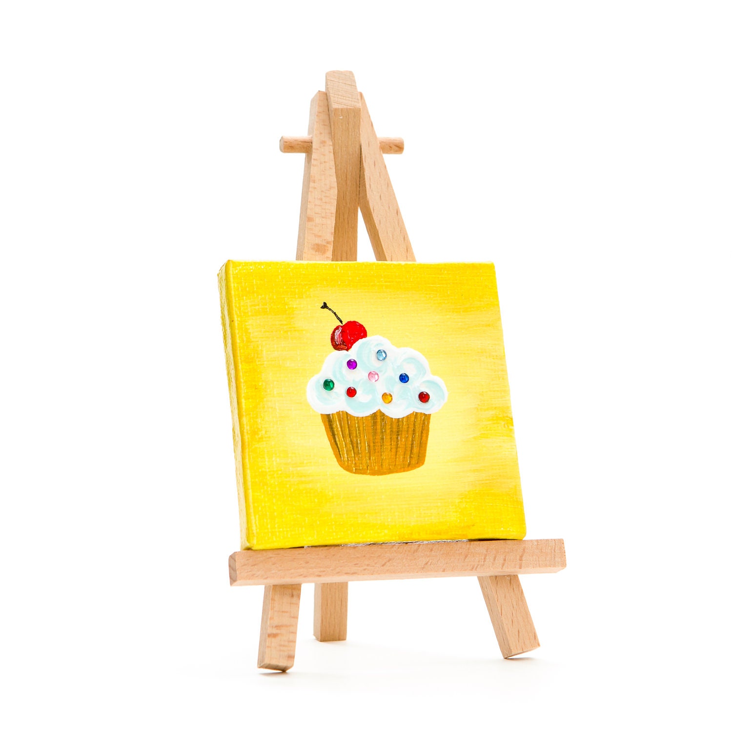 Miniature Cupcake Painting in Yellow with Easel