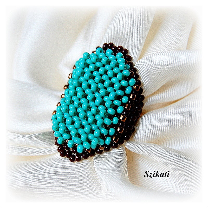 Beaded turquoise & brown seed bead Right Angle Weave ring, OOAK jewelry, beaded jewelry, seed bead jewelry