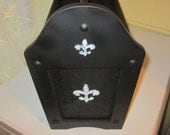 Upcycled Fleur de Lis Black Magazine Wooden Rack with White Stenciled Fleur de Lis Shabby Chic