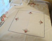 Vintage Embroidered Cross Stitch Table Cloth with Flower Baskets 46" x 46" with 6 Matching Napkins Beautiful Condition