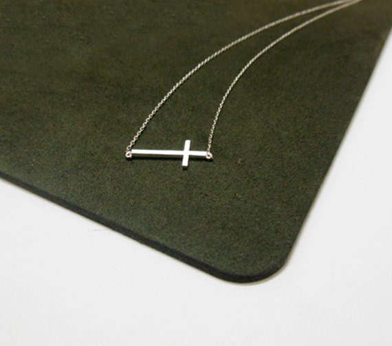 Sideways cross Necklace - Side cross Necklace,in silver, bridesmaid Necklace