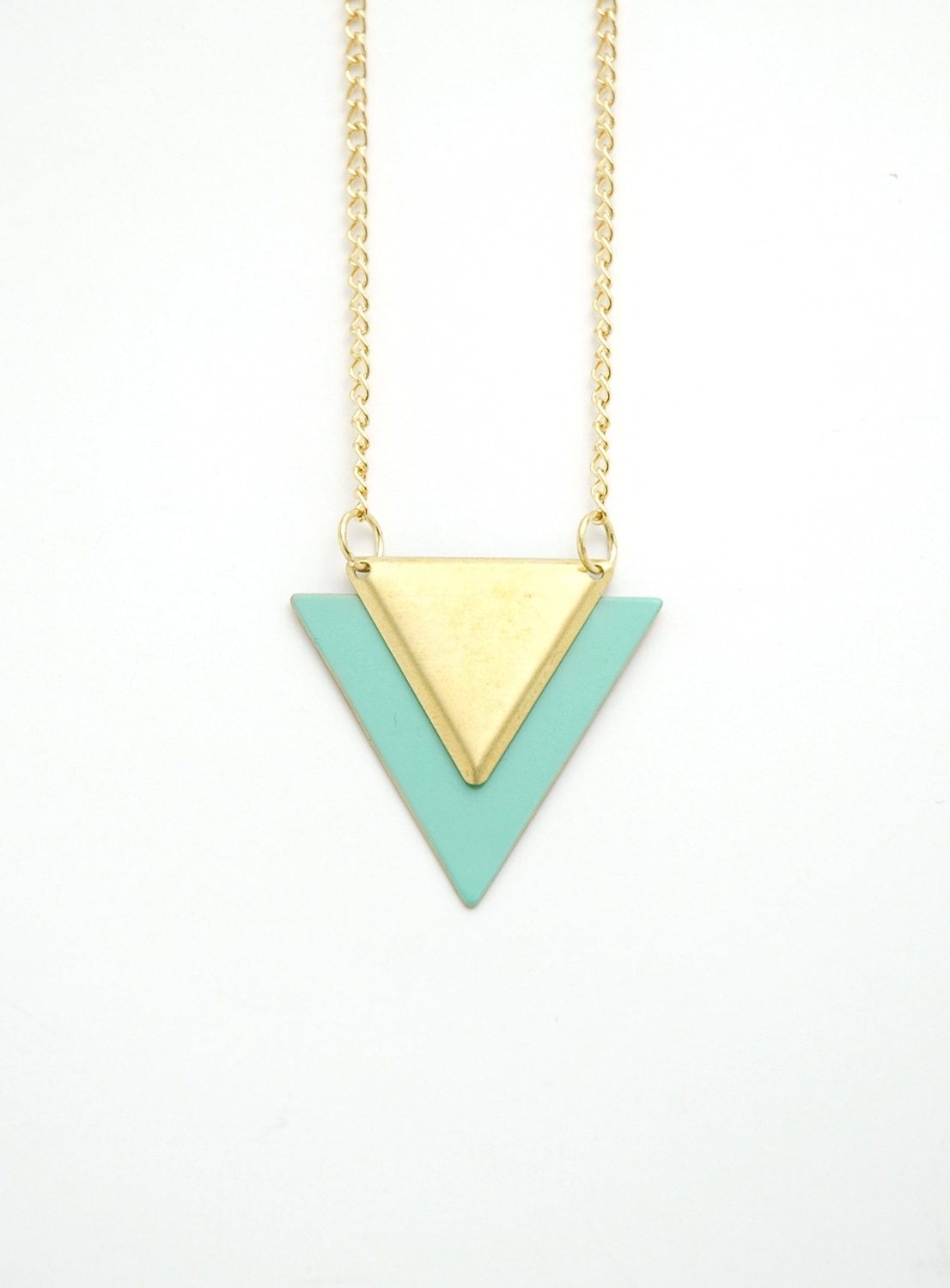 Minimalist Geometric Triangle Long Necklace - Mint Green Hand Dyed Modern Raw Brass Jewelry  - Gold Plated Chain
