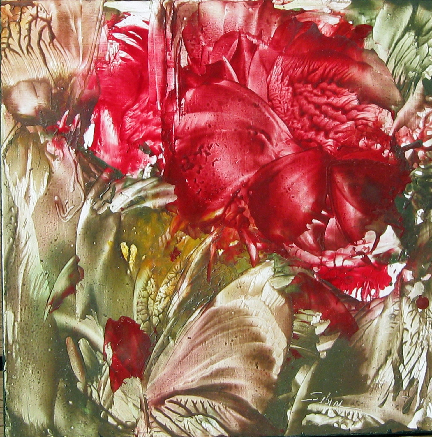 Original Contemporary Abstract Encaustic Floral Painting 12"x12" Shades of Red and Green Studiosabine
